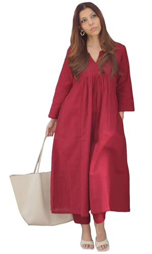 Buy GoSriKi Women's Rayon Viscose Solid A-Line Kurta with Pant (ANVI RED-GS_L_Red_Large) at Amazon.in