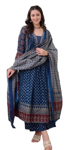 Buy KLOSIA Women Printed Anarkali Kurta and Pant Set with Dupatta (in, Alpha, 2XL, Teal Blue) at Amazon.in