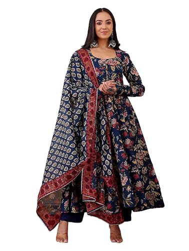 Buy KLOSIA Women Printed Anarkali Kurta and Pant with Dupatta (in, Alpha, S, Blue) at Amazon.in
