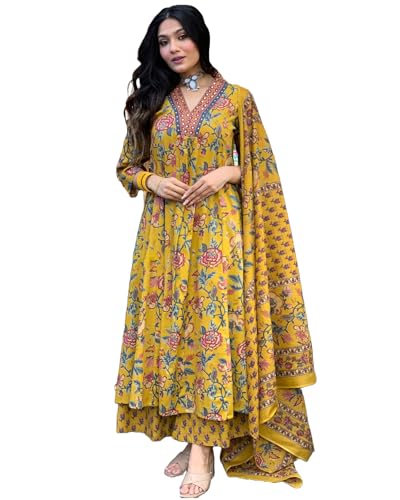 Buy GoSriKi Women's Rayon Blend Anarkali Printed Kurta with Pant & Dupatta & Dupatta (CIA Yellow-GS_XL_Yellow_X-Large) at Amazon.in