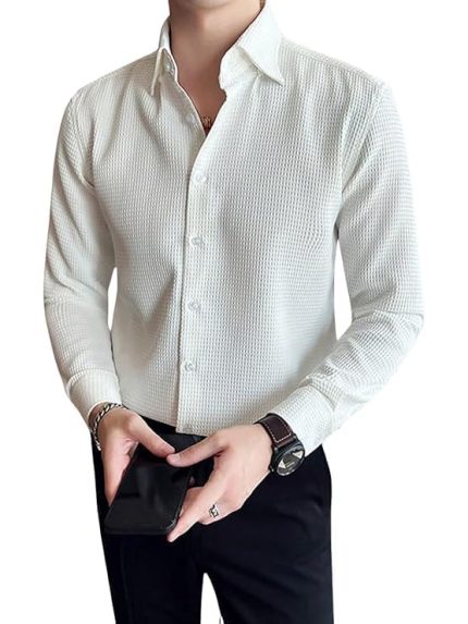 BASSIQ Men's Textured Popcorn Shirts Stylish Spread-Collar Long-Sleeve Casual Shirt for Men (White_X-Large)  Amazon.in: Clothing & Accessories